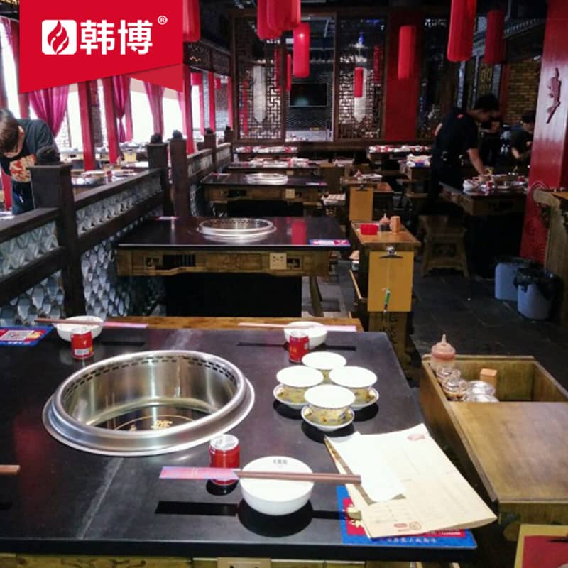 圓鍋方桌無(wú)煙火鍋?zhàn)酪惑w桌